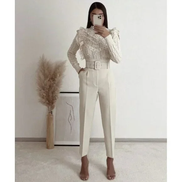 NWOT ZARA XS High-Waist Trousers With Wide Belt Neutral Cream High Rise - Picture 2 of 16